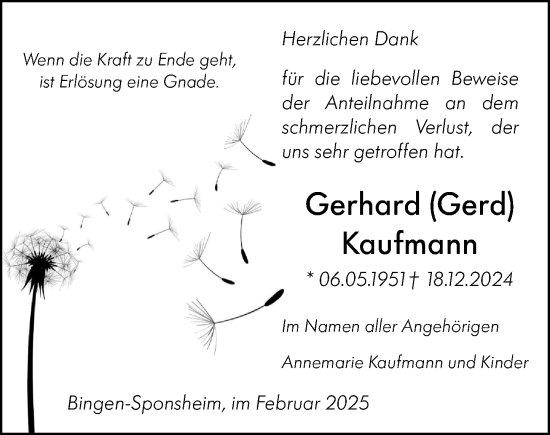 Traueranzeige von Gerhard Kaufmann von Binger-/Ingelheimer Wochenblatt