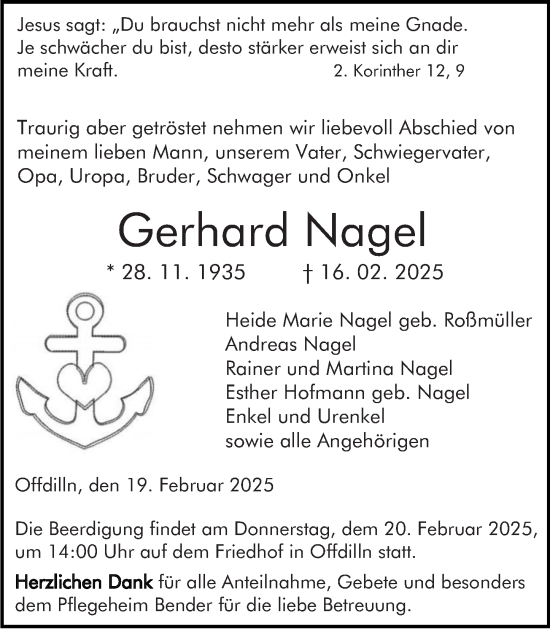 Traueranzeige von Gerhard Nagel von Dill Block
