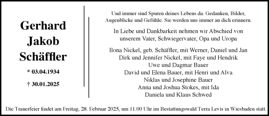 Traueranzeige von Gerhard Jakob Schäffler von Rheingau Kurier
