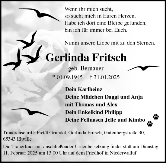 Traueranzeige von Gerlinda Fritsch von Rheingau Kurier