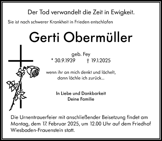 Traueranzeige von Gerti Obermüller von Wiesbadener Kurier