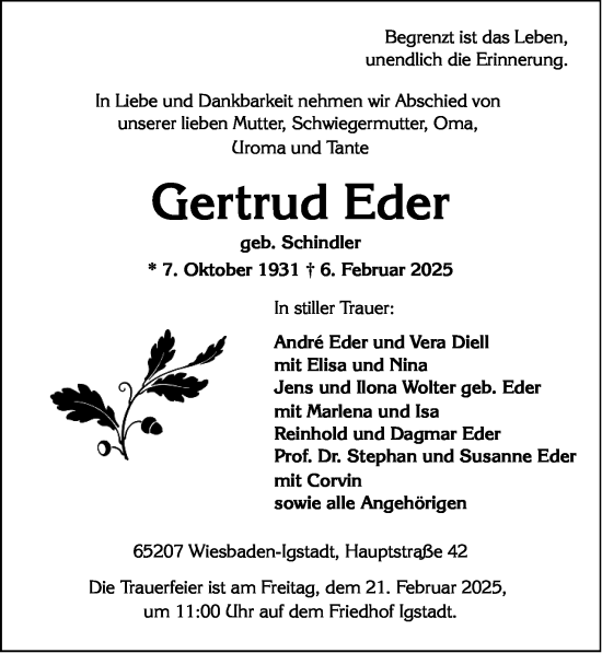 Traueranzeige von Gertrud Eder von Wiesbadener Kurier