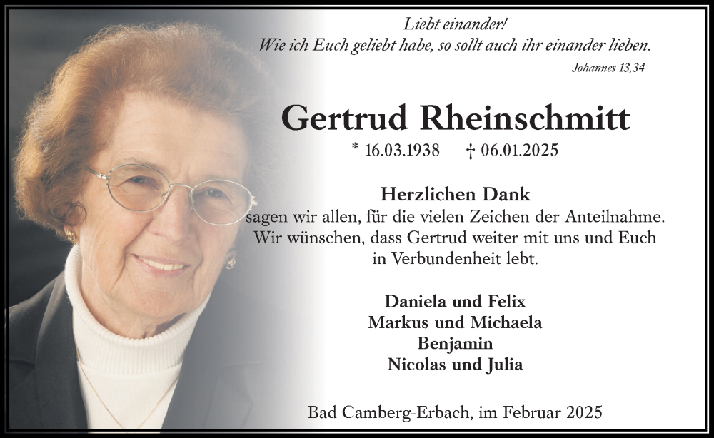  Traueranzeige für Gertrud Rheinschmitt vom 13.02.2025 aus Camberger Anzeiger