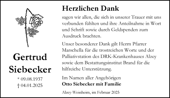 Traueranzeige von Gertrud Siebecker von Allgemeine Zeitung Alzey