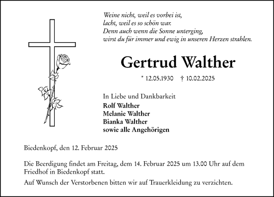 Traueranzeige von Gertrud Walther von Hinterländer Anzeiger