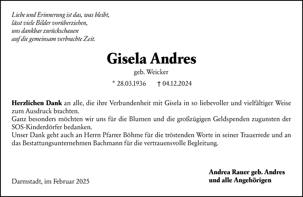  Traueranzeige für Gisela Andres vom 01.02.2025 aus Darmstädter Echo