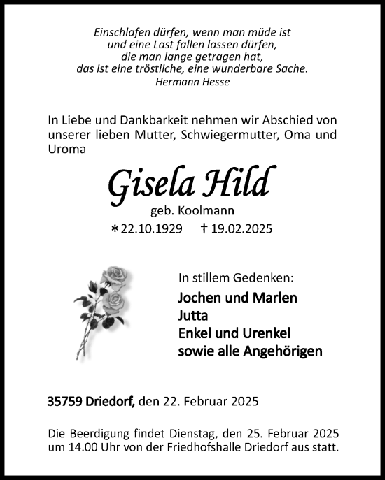 Traueranzeige von Gisela Hild von Dill Block