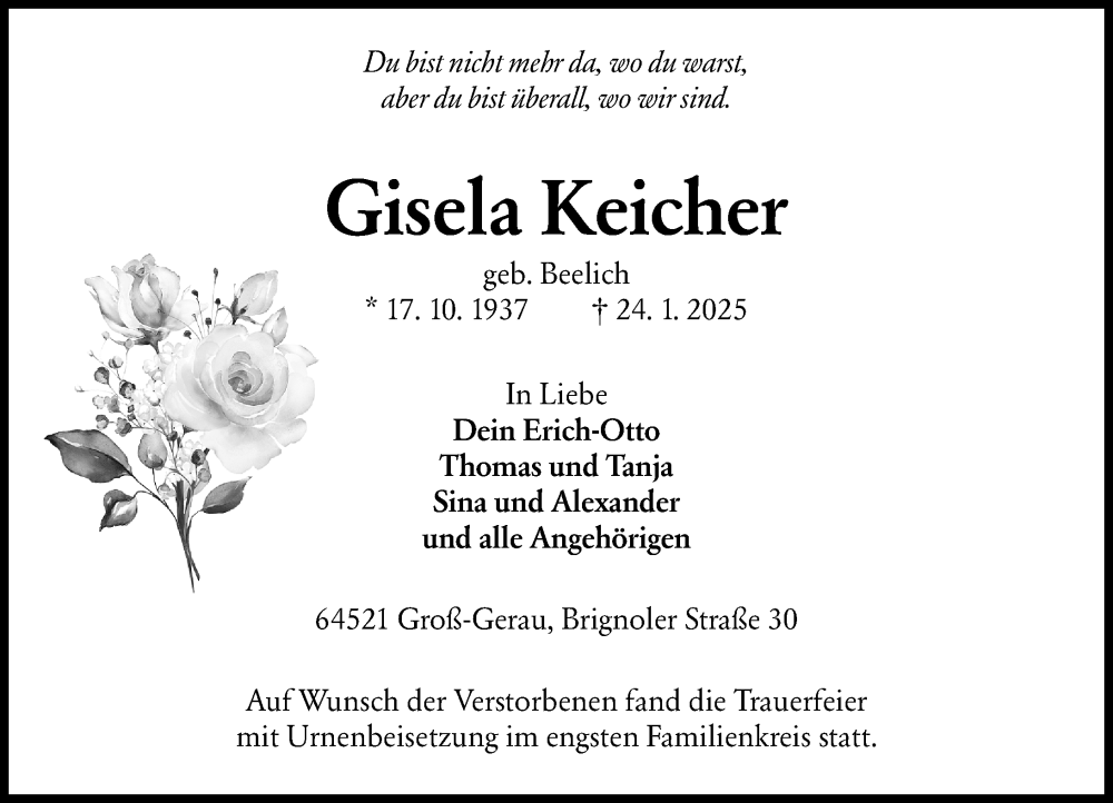  Traueranzeige für Gisela Keicher vom 15.02.2025 aus Groß-Gerauer Echo