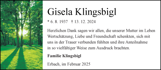 Traueranzeige von Gisela Klingsbigl von Odenwälder Echo
