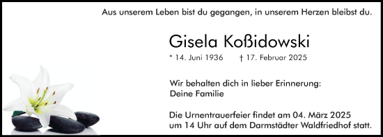 Traueranzeige von Gisela Koßidowski von Darmstädter Echo