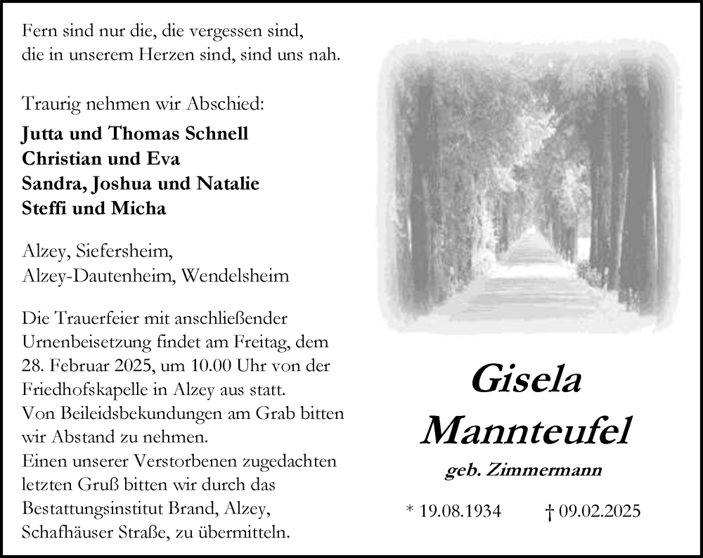  Traueranzeige für Gisela Mannteufel vom 15.02.2025 aus Allgemeine Zeitung Alzey