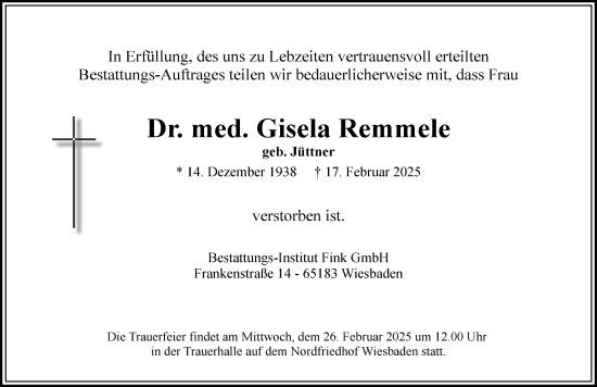 Traueranzeige von Gisela Remmele von Wiesbadener Kurier