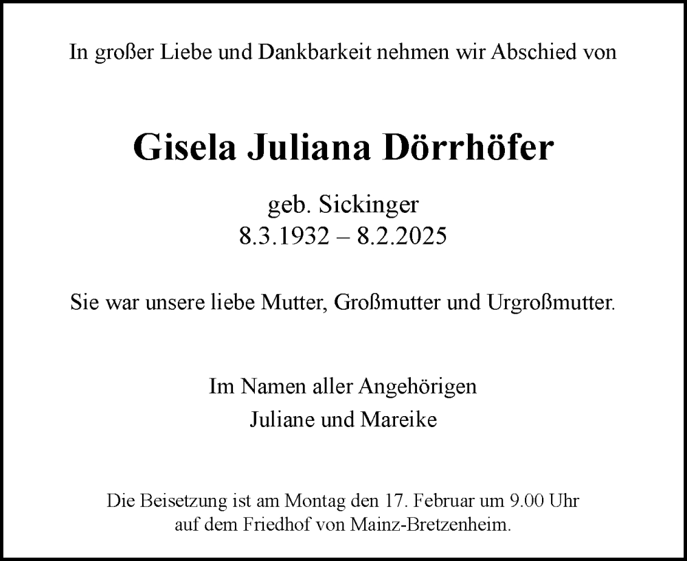  Traueranzeige für Gisela Juliana Dörrhöfer vom 15.02.2025 aus Allgemeine Zeitung Mainz