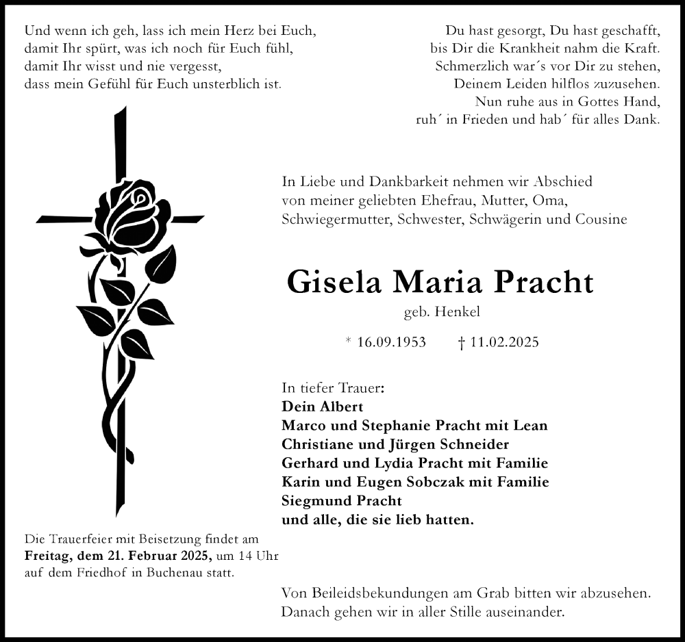  Traueranzeige für Gisela Maria Pracht vom 18.02.2025 aus Hinterländer Anzeiger
