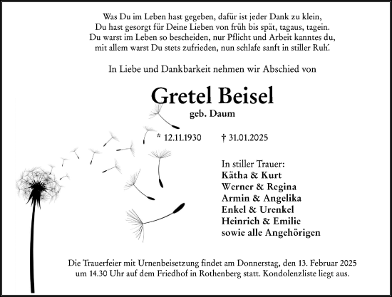 Traueranzeige von Gretel Beisel von Odenwälder Echo