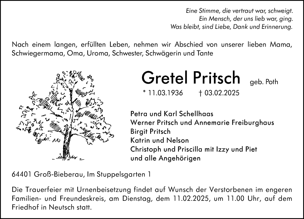  Traueranzeige für Gretel Pritsch vom 08.02.2025 aus Darmstädter Echo