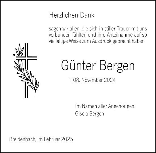 Traueranzeige von Günter Bergen von Hinterländer Anzeiger