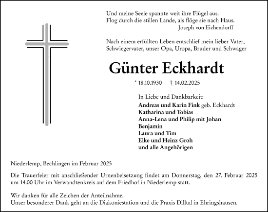 Traueranzeige von Günter Eckhardt von Wetzlarer Neue Zeitung