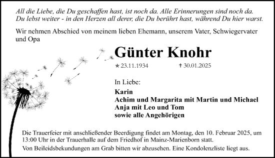 Traueranzeige von Günter Knohr von Allgemeine Zeitung Mainz