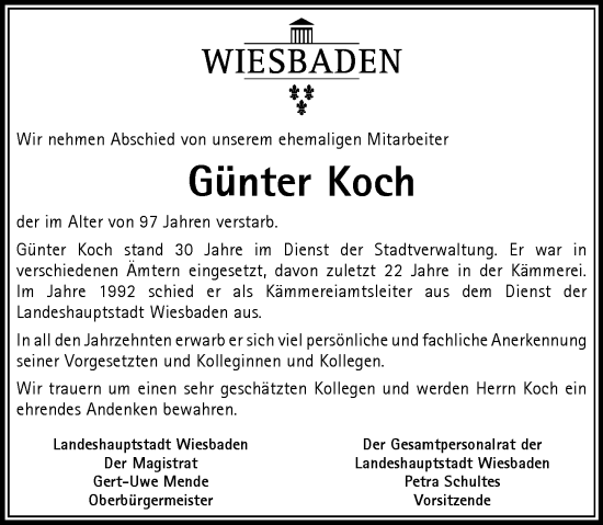 Traueranzeige von Günter Koch von Wiesbadener Kurier