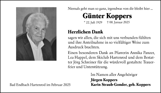 Traueranzeige von Günter Koppers von Hinterländer Anzeiger