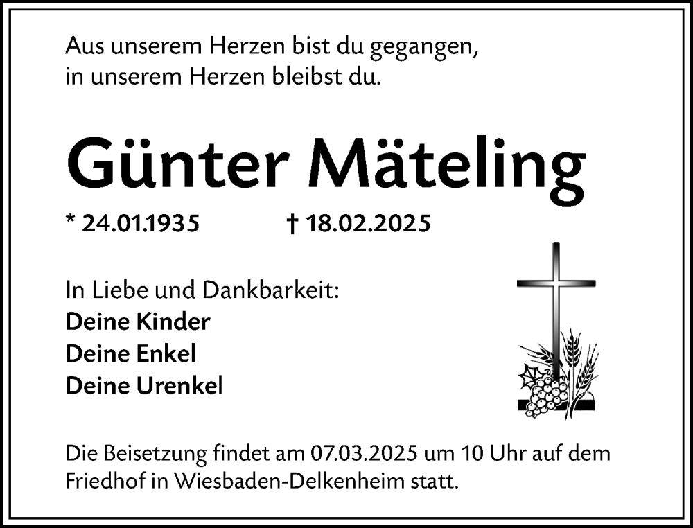  Traueranzeige für Günter Mäteling vom 22.02.2025 aus Wiesbadener Kurier