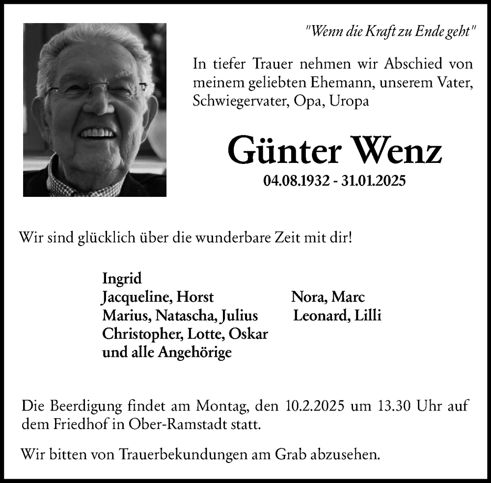 Traueranzeige für GünterWenz Wenz vom 08.02.2025 aus Darmstädter Echo