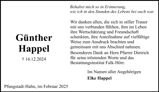 Traueranzeige von Günther Happel von Darmstädter Echo