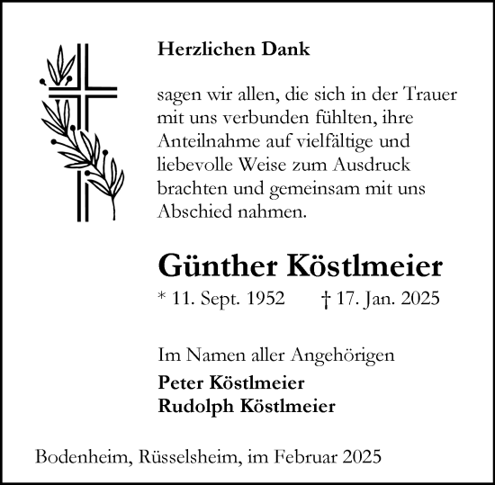 Traueranzeige von Günther Köstlmeier von Rüsselsheimer Echo