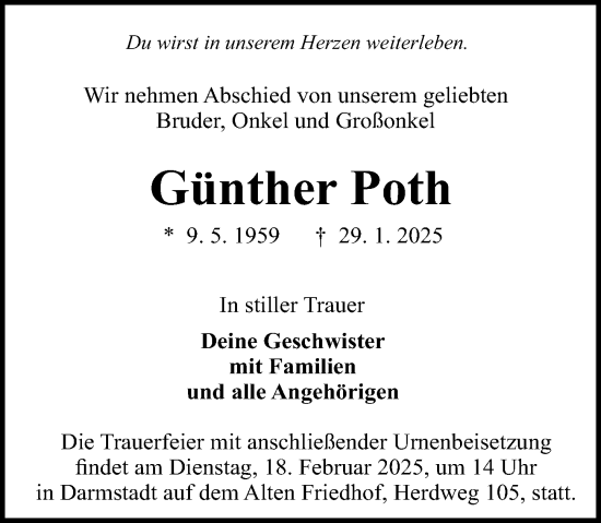 Traueranzeige von Günther Poth von Darmstädter Echo