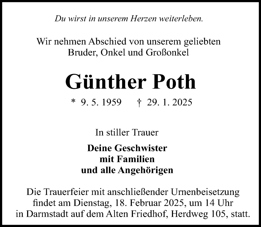  Traueranzeige für Günther Poth vom 08.02.2025 aus Darmstädter Echo