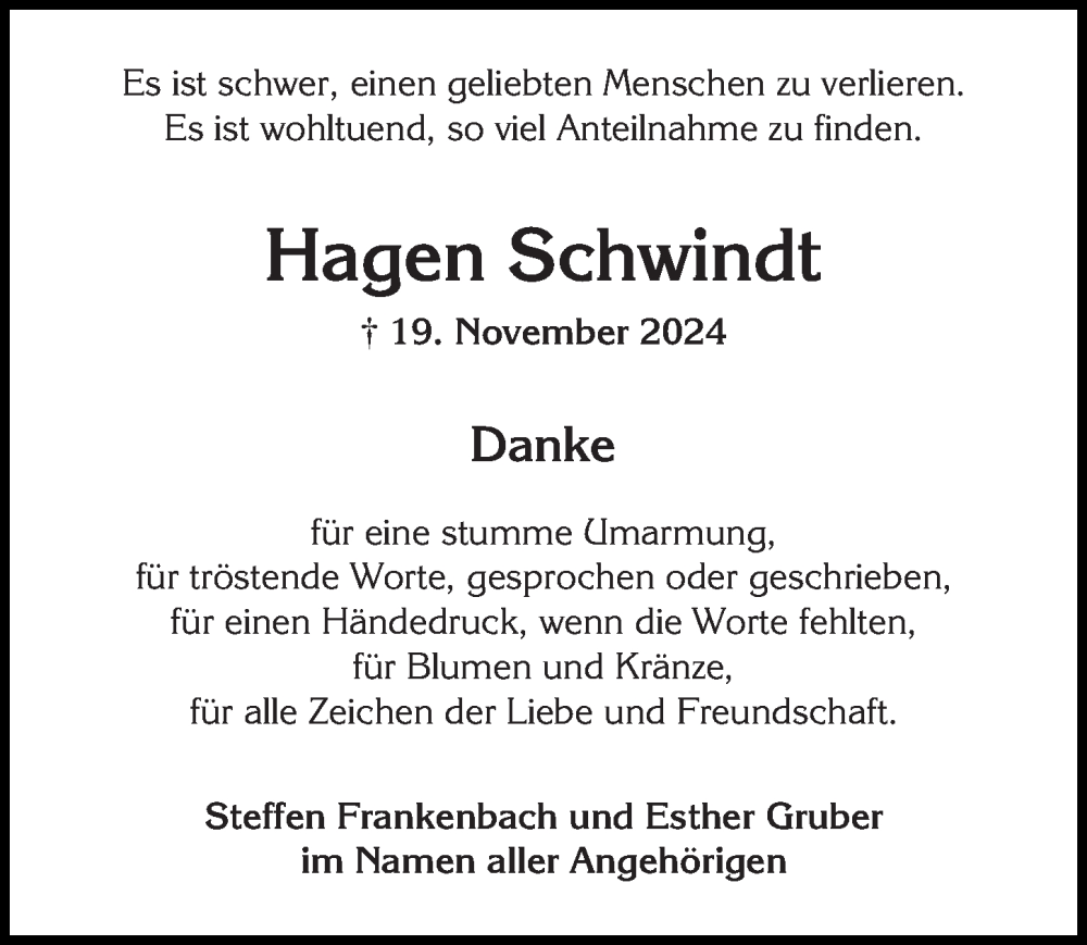  Traueranzeige für Hagen Schwindt vom 08.02.2025 aus Wiesbadener Kurier