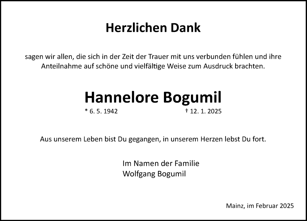  Traueranzeige für Hannelore Bogumil vom 15.02.2025 aus Allgemeine Zeitung Mainz