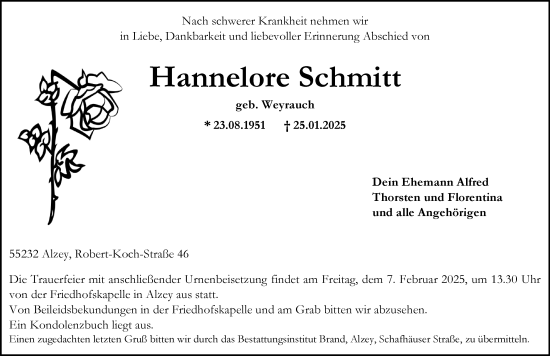 Traueranzeige von Hannelore Schmitt von Allgemeine Zeitung Alzey