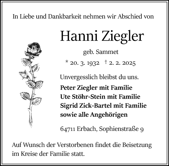 Traueranzeige von Hanni Ziegler von Odenwälder Echo