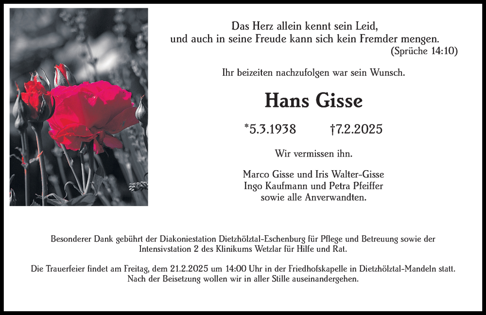  Traueranzeige für Hans Gisse vom 20.02.2025 aus Dill Block
