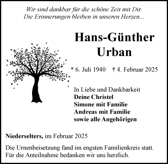 Traueranzeige von Hans-Günther Urban von Camberger Anzeiger