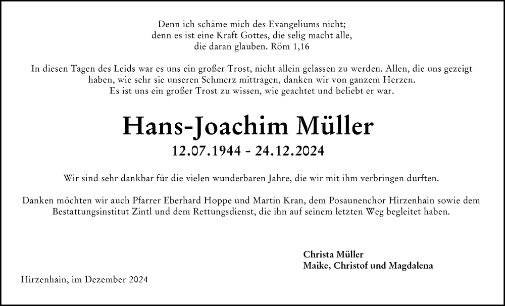  Traueranzeige für Hans-Joachim Müller vom 08.02.2025 aus Dill Block