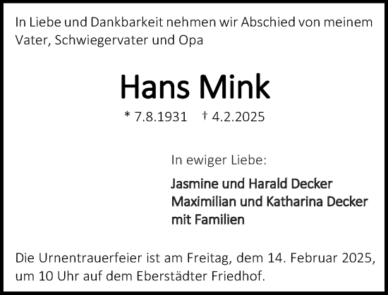 Traueranzeige von Hans Mink von Darmstädter Echo