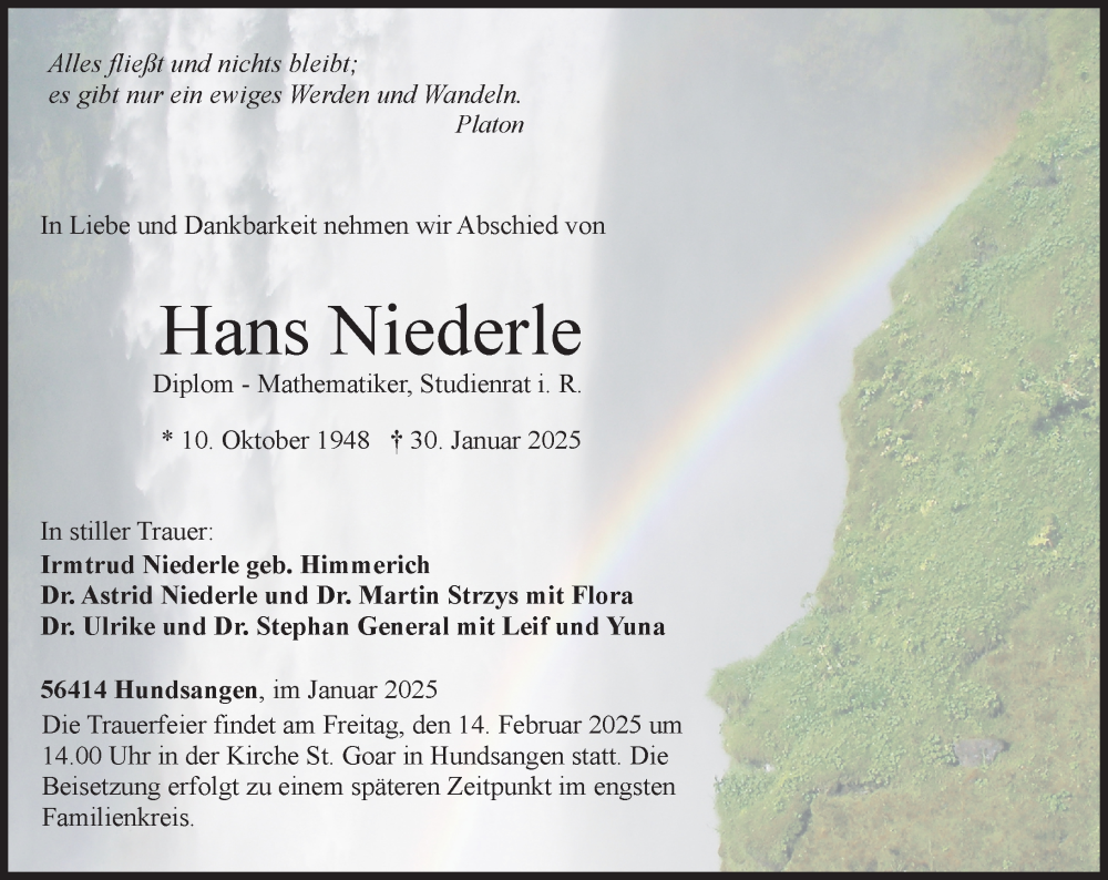  Traueranzeige für Hans Niederle vom 08.02.2025 aus Nassauische Neue Presse
