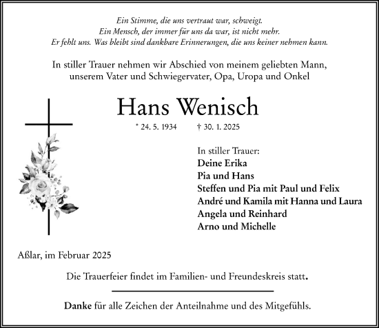 Traueranzeige von Hans Wenisch von Wetzlarer Neue Zeitung