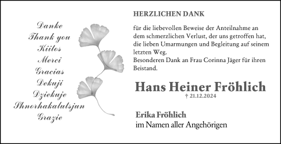 Traueranzeige von Hans Heiner Fröhlich von Wiesbadener Kurier