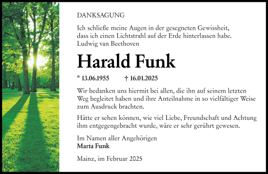 Traueranzeige von Harald Funk von Allgemeine Zeitung Mainz