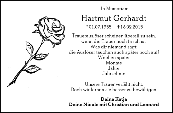 Traueranzeige von Hartmut Gerhardt von Allgemeine Zeitung Alzey
