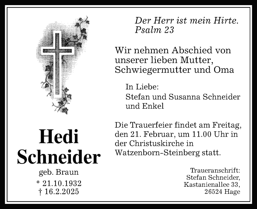  Traueranzeige für Hedi Schneider vom 19.02.2025 aus Wetzlarer Neue Zeitung