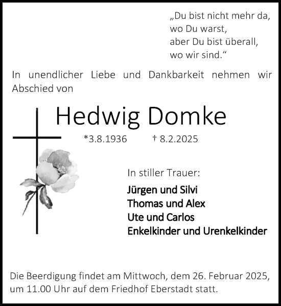 Traueranzeige von Hedwig Domke von Darmstädter Echo