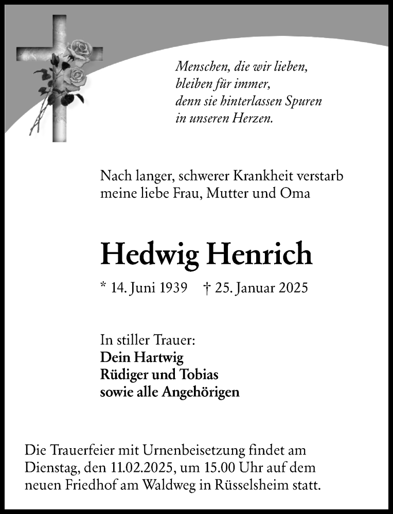  Traueranzeige für Hedwig Henrich vom 08.02.2025 aus Rüsselsheimer Echo