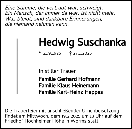 Traueranzeige von Hedwig Suschanka von Wormser Zeitung