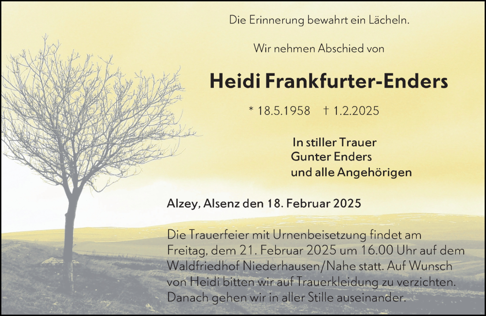  Traueranzeige für Heidi Frankfurter-Enders vom 18.02.2025 aus Allgemeine Zeitung Alzey
