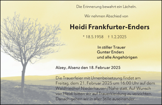 Traueranzeige von Heidi Frankfurter-Enders von Allgemeine Zeitung Alzey